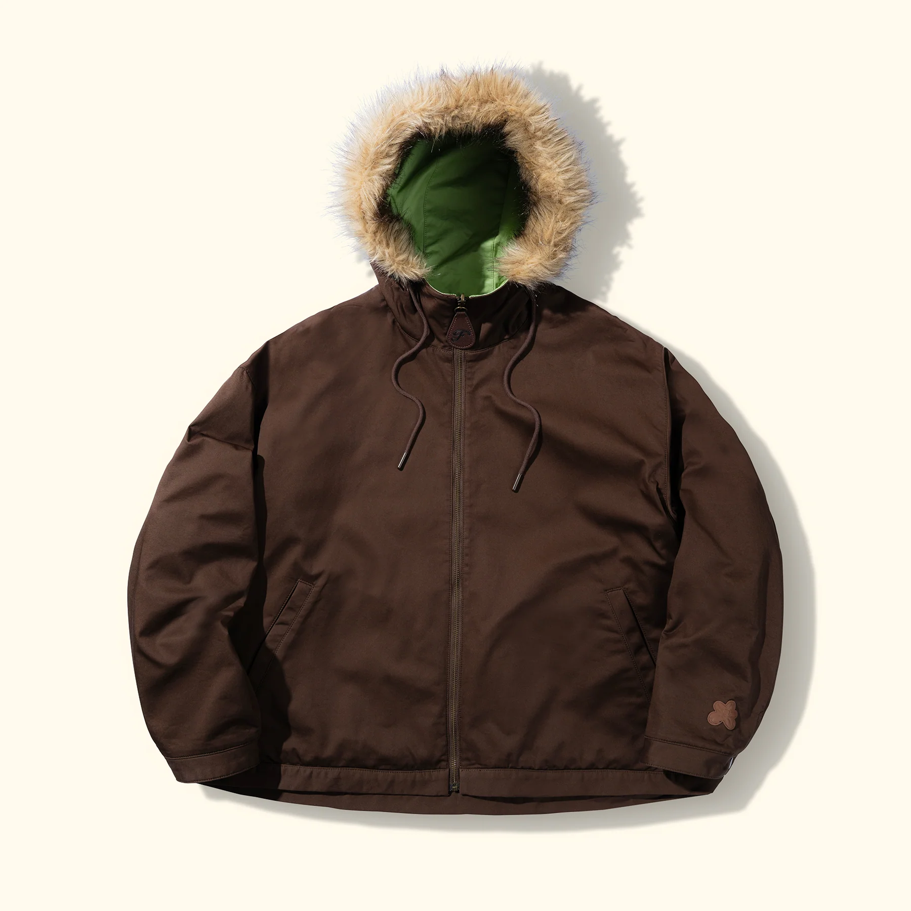 Golf le Fleur Reversible Fur Hooded Jacket - Brown - Front Golf le Fleur Reversible Fur Hooded Jacket - Brown